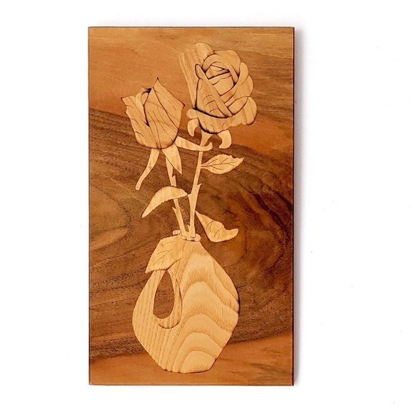 SOLD Vtg Botanical Wood Inlay Wall Hanging, 70s OOAK handmade Wood Craft - Picture 2 of 8